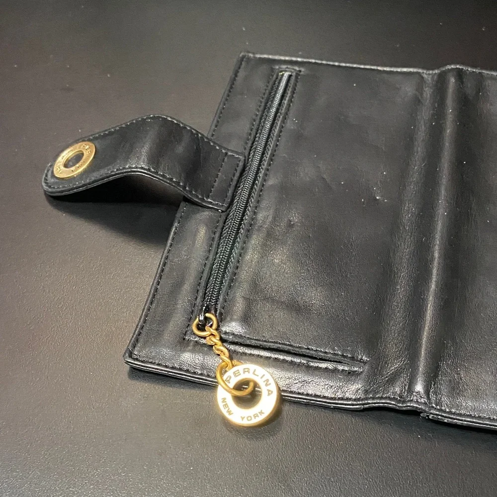 Vintage Perlina New York Black Leather checkbook Wallet with Gold Accent